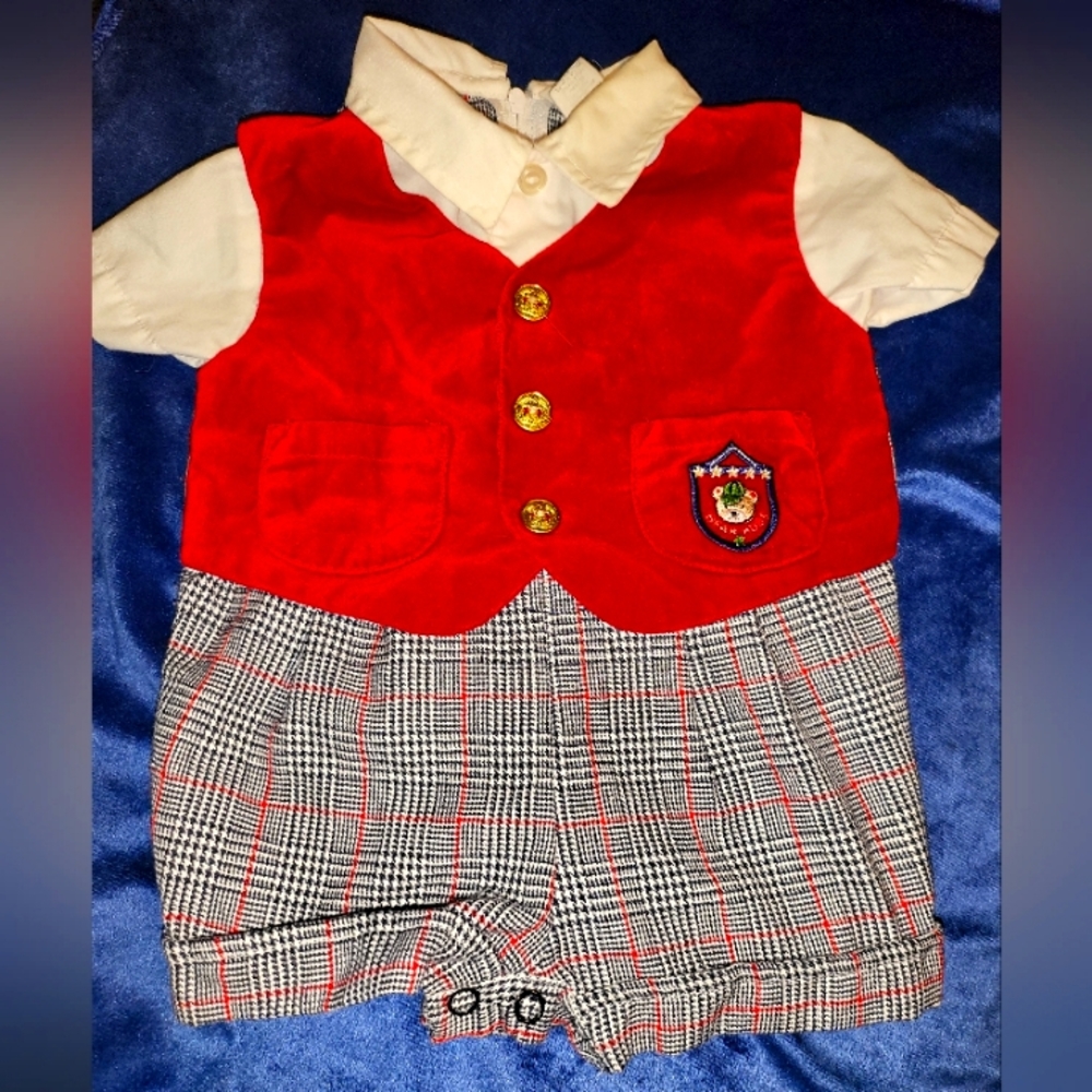 Vintage Red Velvet Blue Plaid Romper